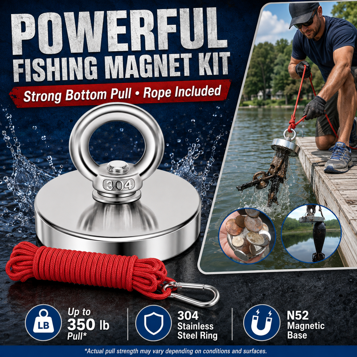 🔥🛠️Strong Neodymium Fishing Magnet Kit with 304 Stainless Steel Eyebolt, Red Rope & Carabiner for Treasure Hunting and Metal Retrieval