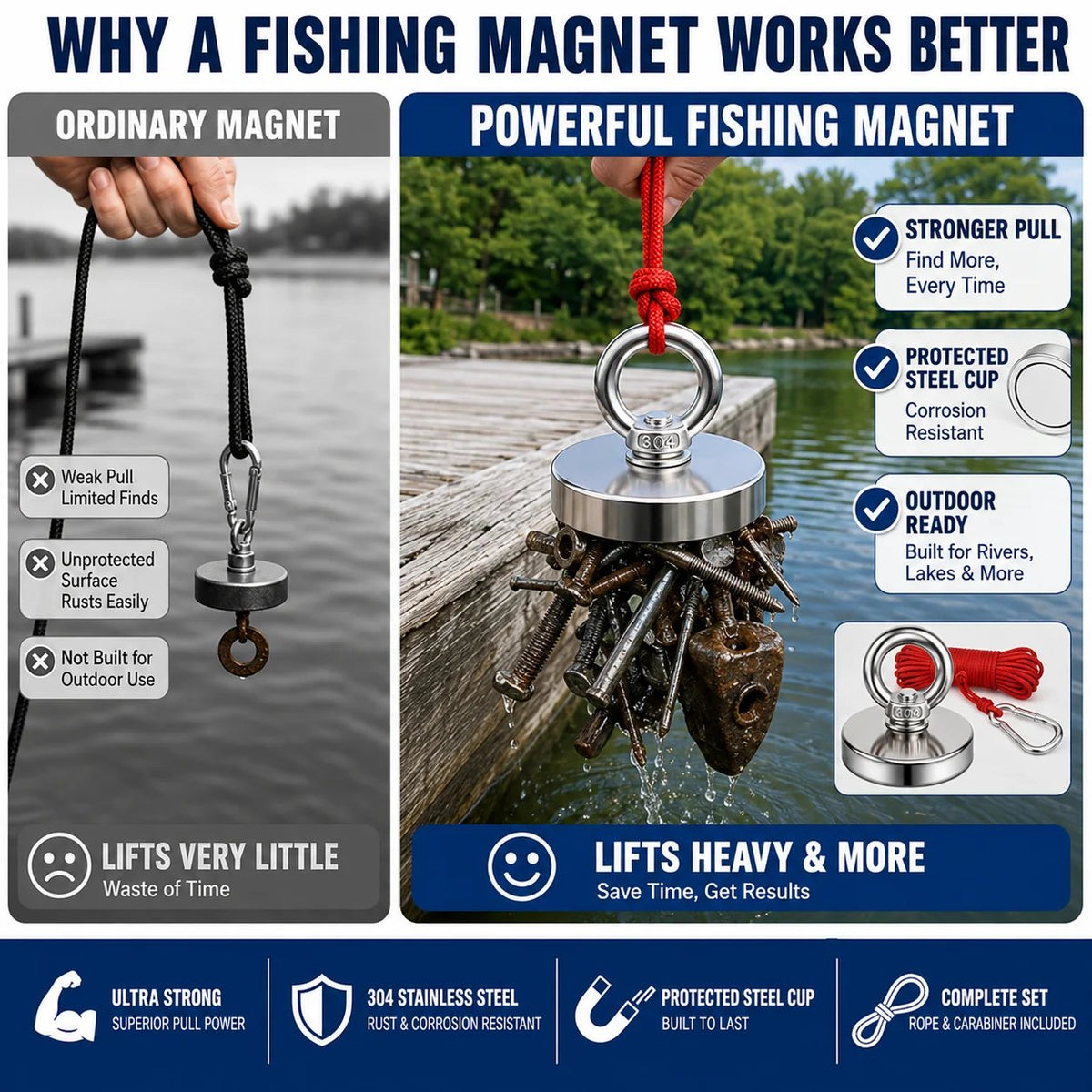 🔥🛠️Strong Neodymium Fishing Magnet Kit with 304 Stainless Steel Eyebolt, Red Rope & Carabiner for Treasure Hunting and Metal Retrieval