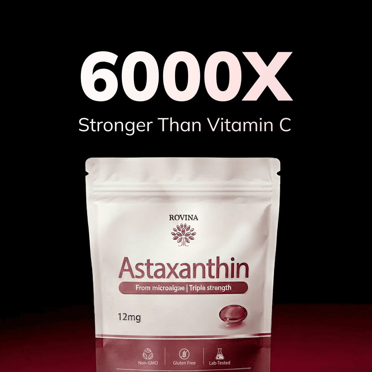 ROVINA Astaxanthin 12mg Softgels – Triple Strength Natural Microalgae Antioxidant, 60 Count