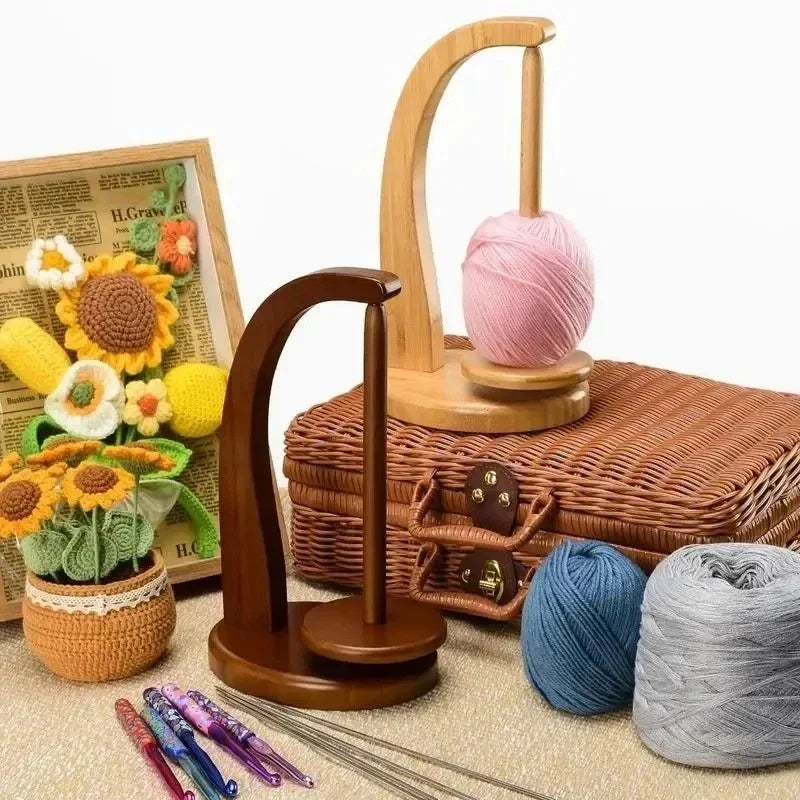 Wooden Yarn Holder Rotating Magnetic Spinning Knitting Crochet Spinner Tool，Natural Wood / Light Brown