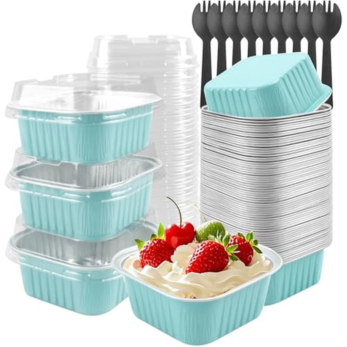 Mini Cake Pans with Lids, Square, 50 Pack, 5 oz, Blue Square-5oz-50pcs