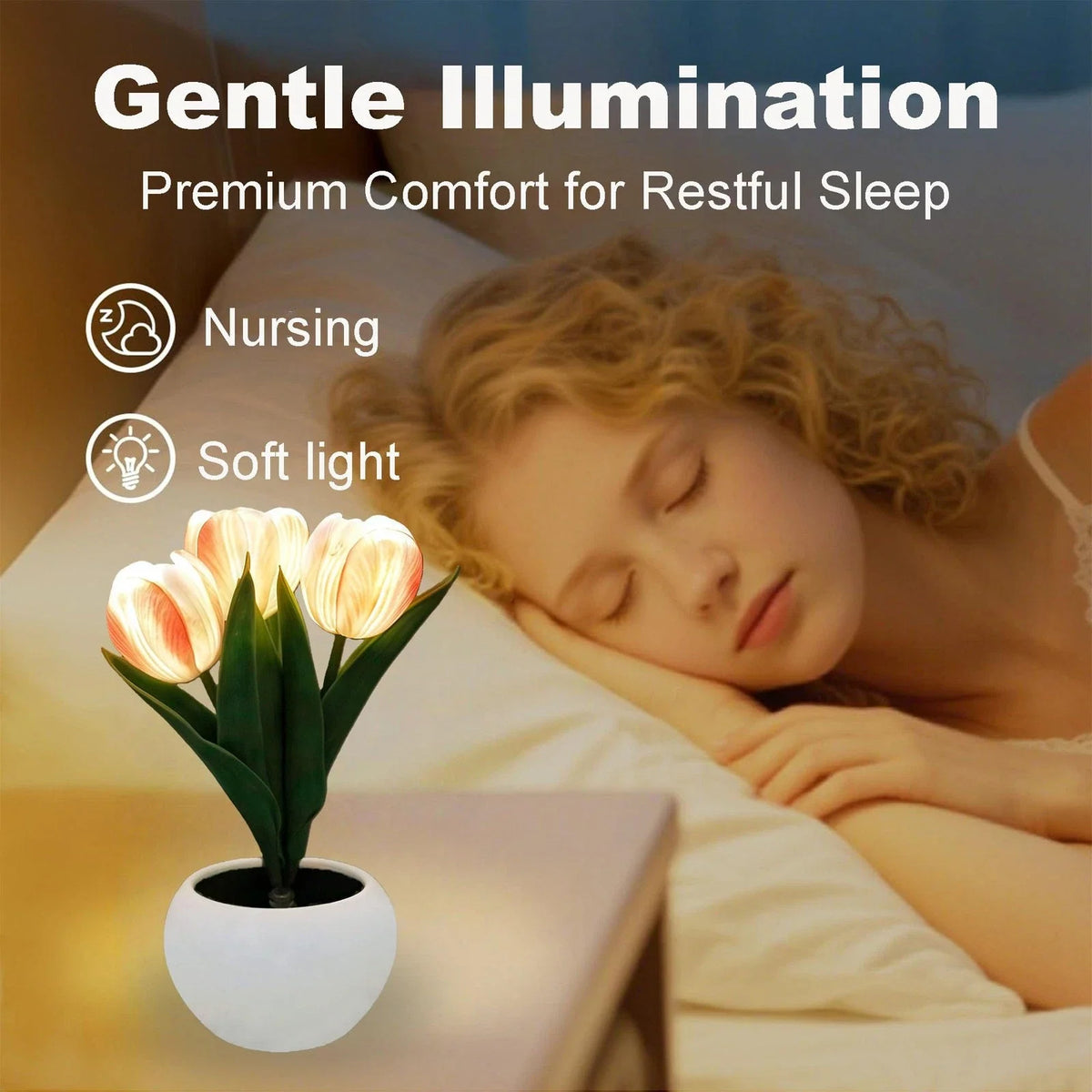 Tulip Flower Table Lamp Pink LED Desk Night Light Vase Artificial Decor