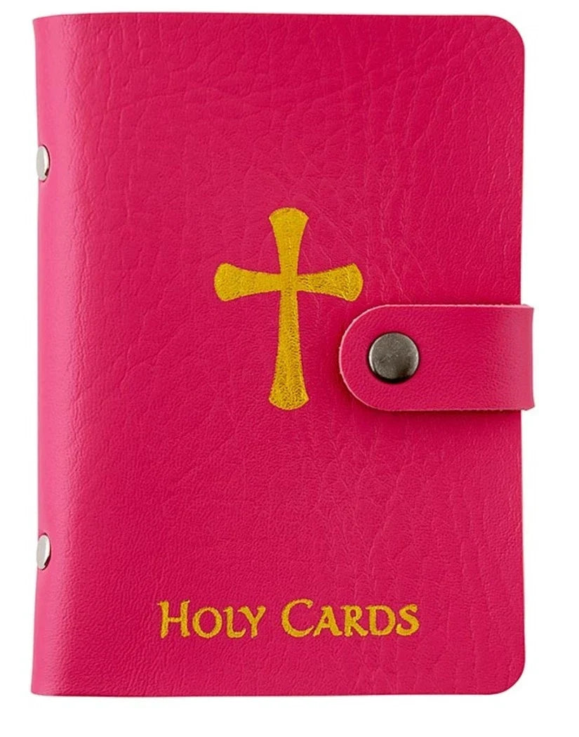 Pink Faux Leather Holy Card Holder with Gold Cross & Snap Closure