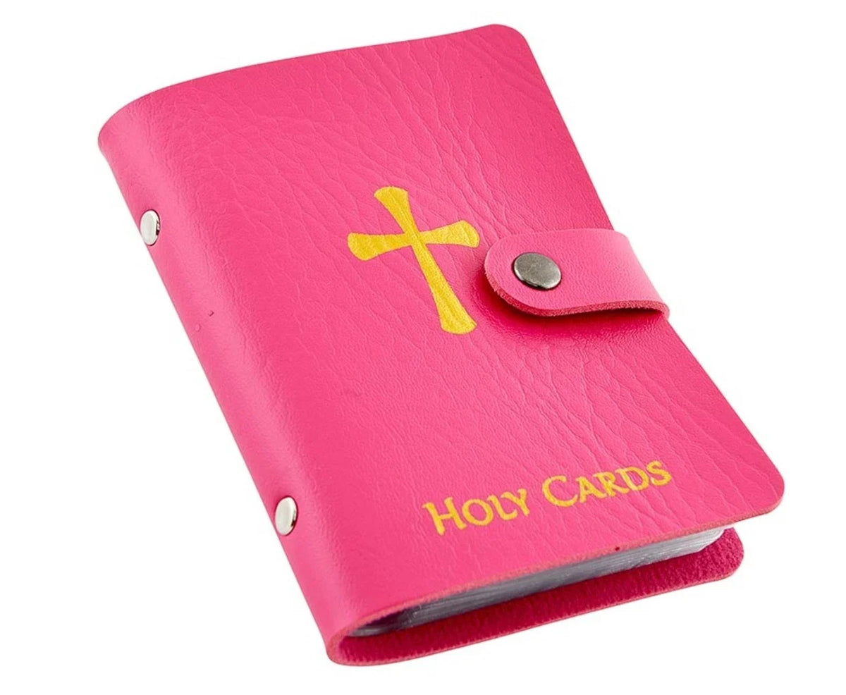 Pink Faux Leather Holy Card Holder with Gold Cross & Snap Closure