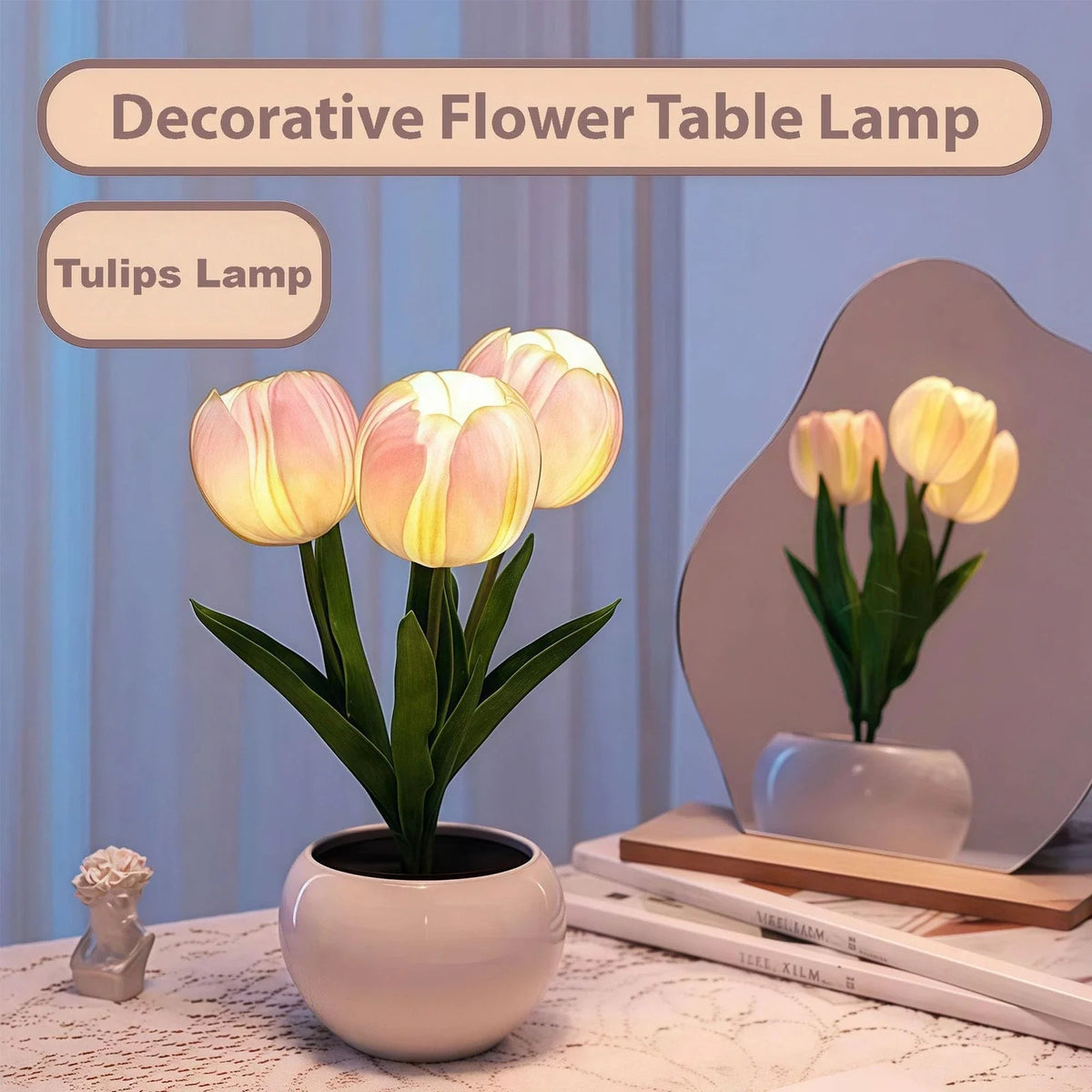 Tulip Flower Table Lamp Pink LED Desk Night Light Vase Artificial Decor