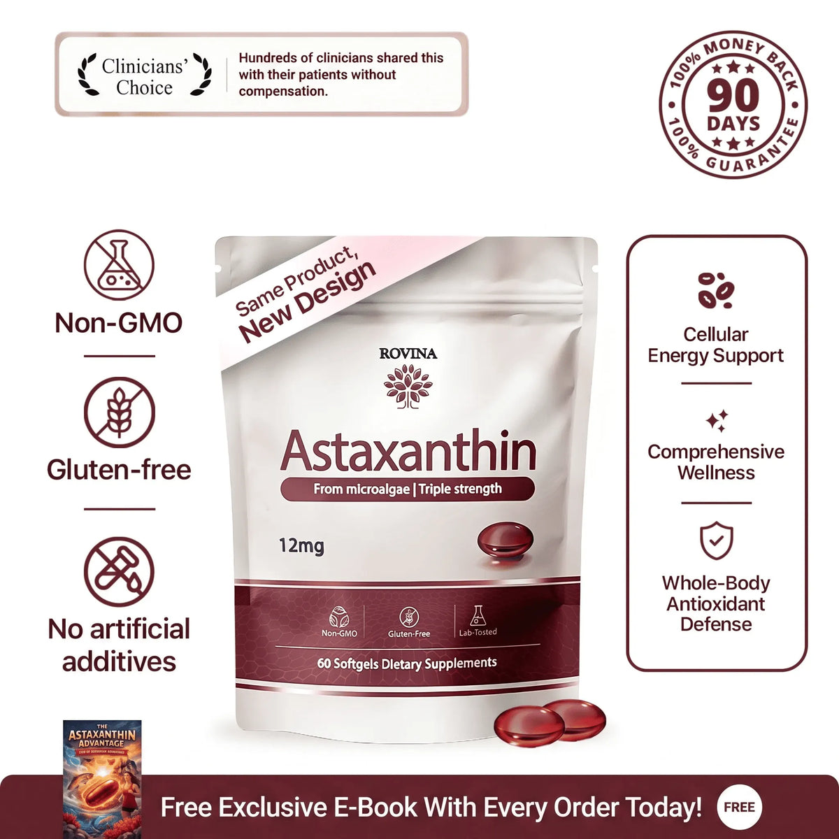 ROVINA Astaxanthin 12mg Softgels – Triple Strength Natural Microalgae Antioxidant, 60 Count